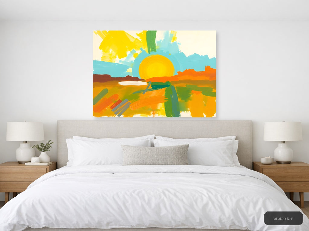 Abstract Sunset Landscape with Yellow Sun Wall Art — A1 / Bedroom