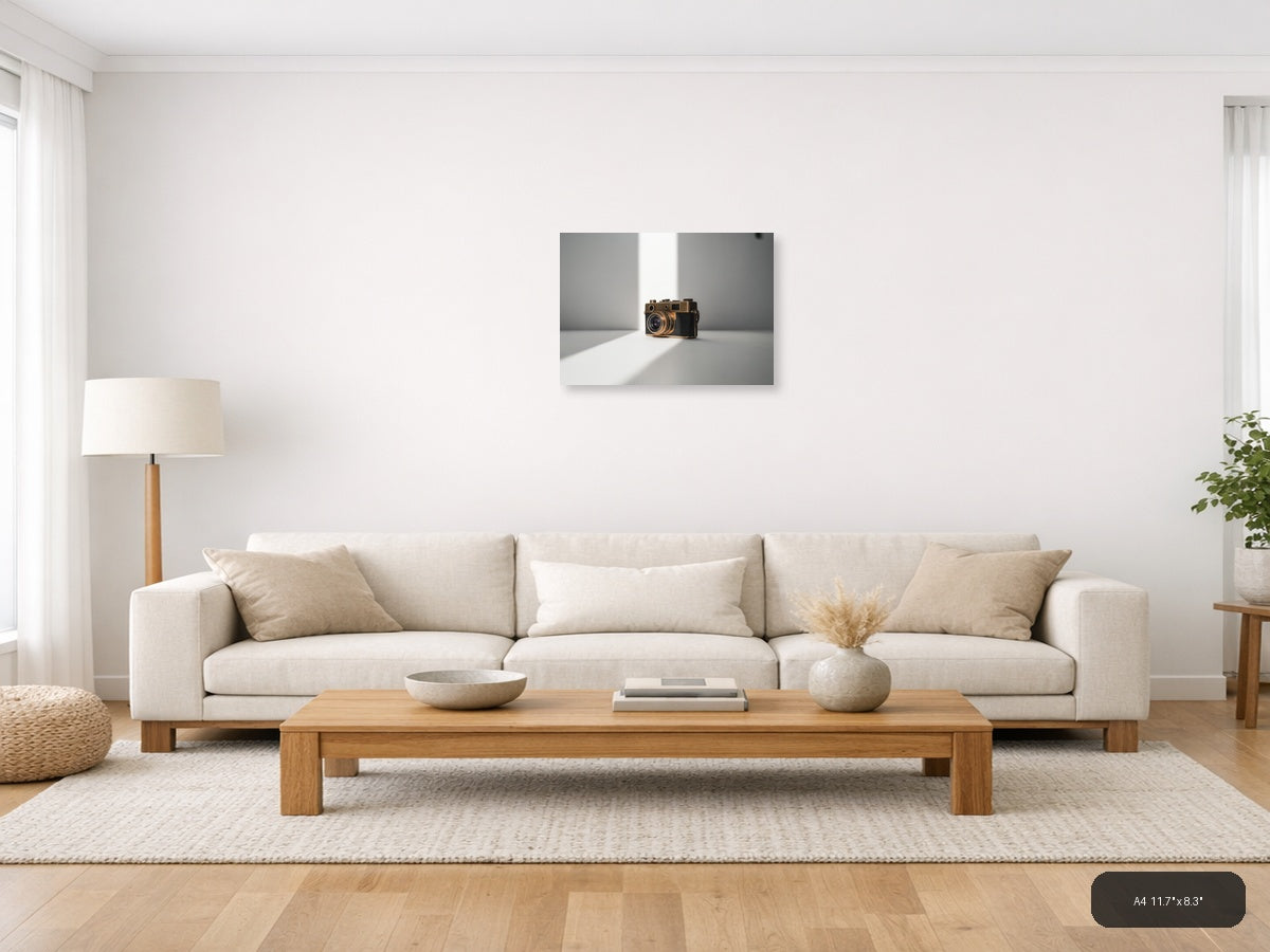 Vintage Gold Camera Minimalist Photography Wall Art — A4 / Living Room