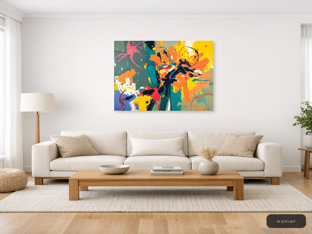 Vibrant Abstract Bird & Botanical Splash Wall Art — A2 / Living Room