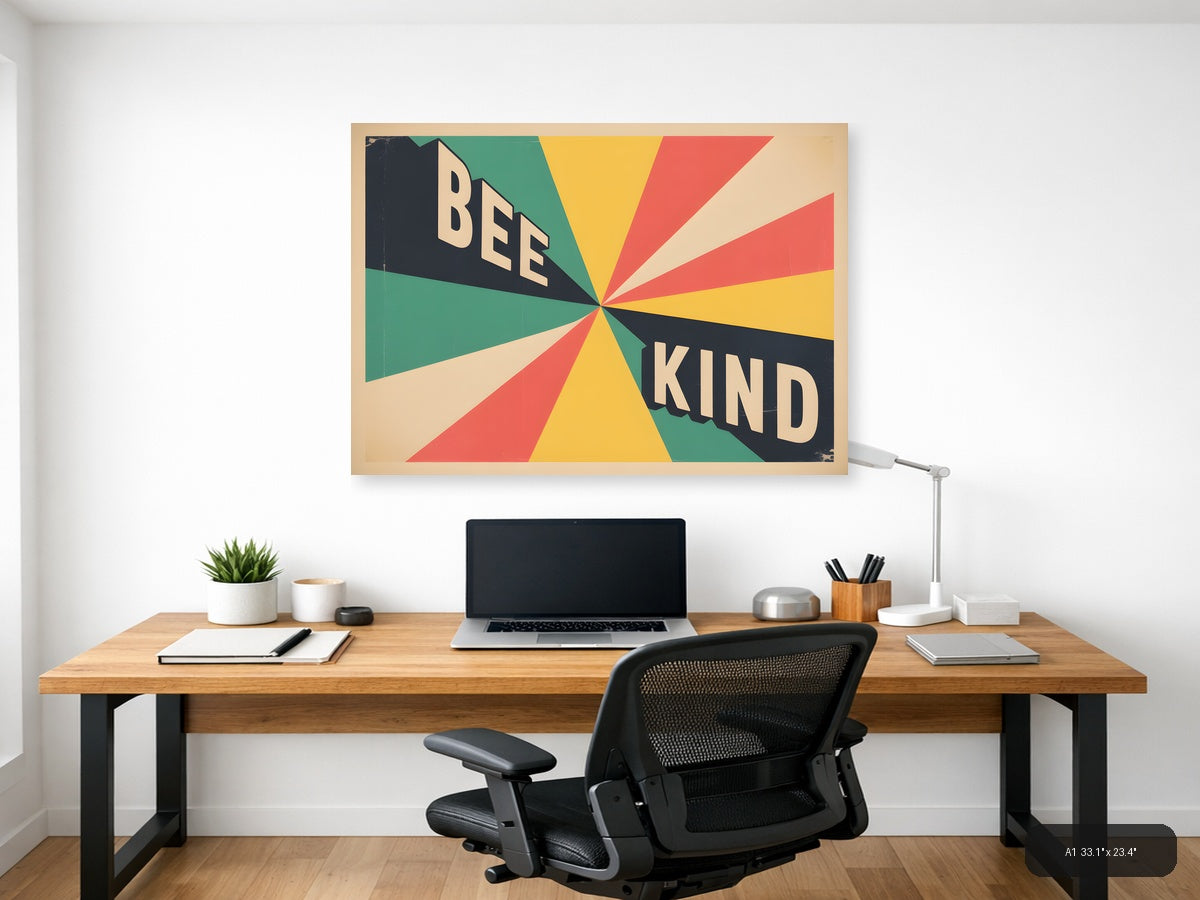 Vintage Retro 'Bee Kind' Sunburst Typography Wall Art — A1 / Office