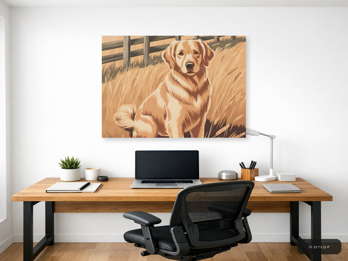 Vintage Brown and White Dog Portrait Landscape Wall Art — A1 / Office