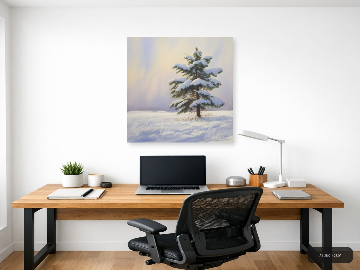 Snow-Laden Pine Tree Winter Landscape Watercolor Wall Art — A1 / Office