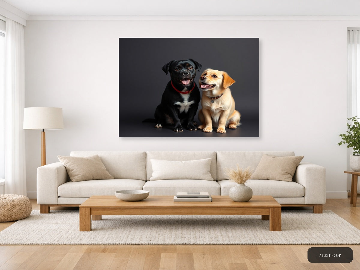 Two Happy Labradors Portrait on Gray | Minimalist Dog Wall Art — A1 (Living Room)