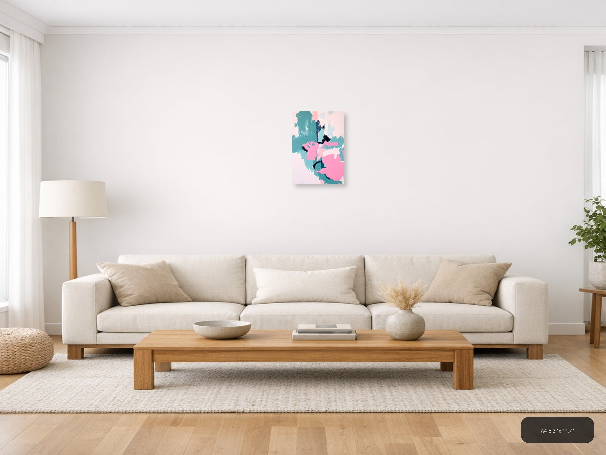 Abstract Teal Pink Black Brushstroke Map Wall Art — A4 / Living Room