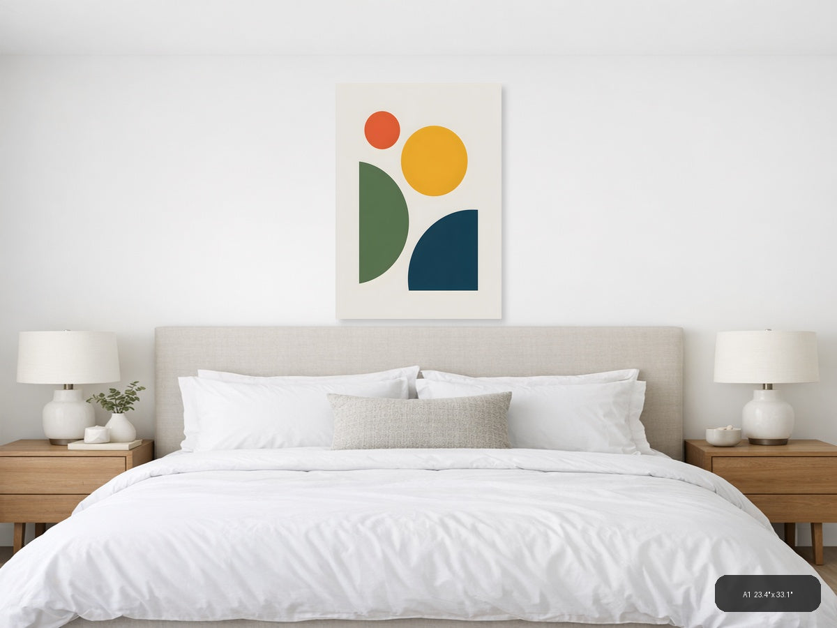 Minimalist Geometric Shapes in Green, Gold & Navy Wall Art — A1 / Bedroom