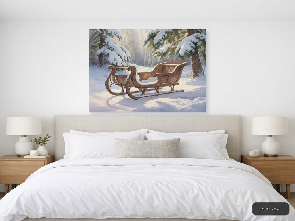 Wooden Sleigh in Snowy Forest Watercolor Wall Art — A1 / Bedroom