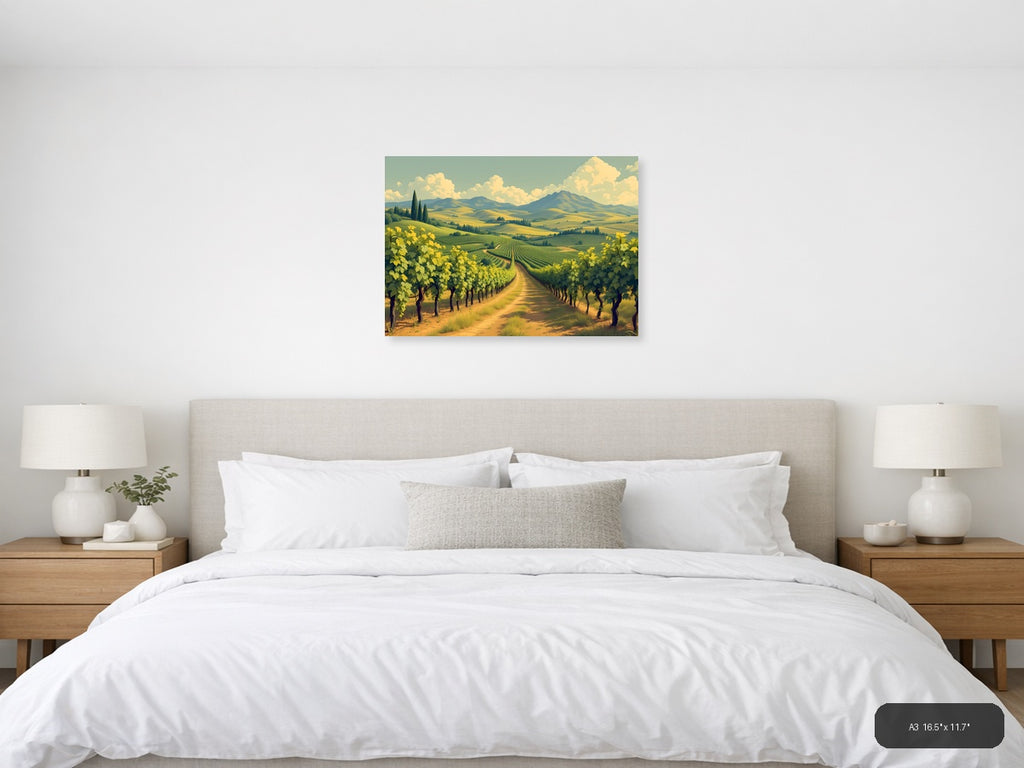 Vintage Tuscan Vineyard Landscape with Mountains Wall Art — A3 / Bedroom