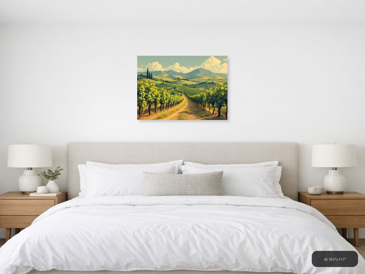 Vintage Tuscan Vineyard Landscape with Mountains Wall Art — A3 / Bedroom