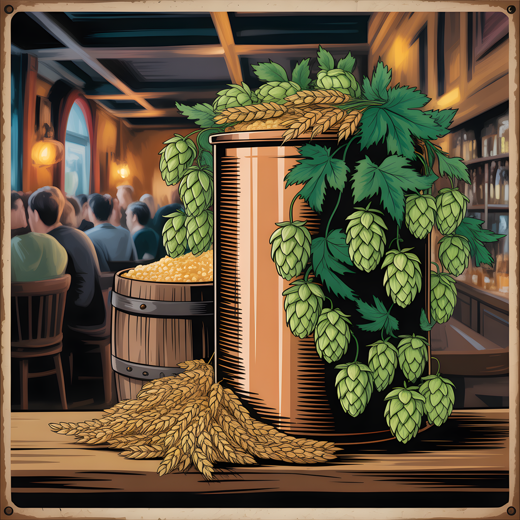 Vintage Brewery Scene with Hops & Barrel Wall Art