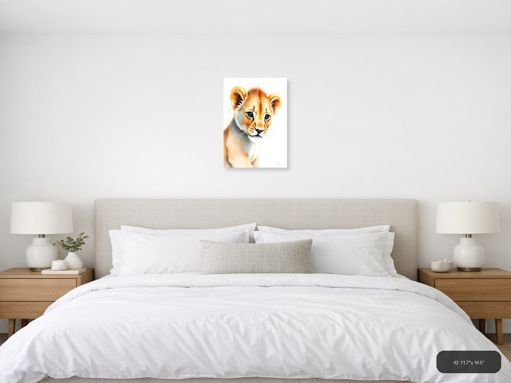 Young Lion Cub Watercolor Portrait Wall Art — A3 / Bedroom