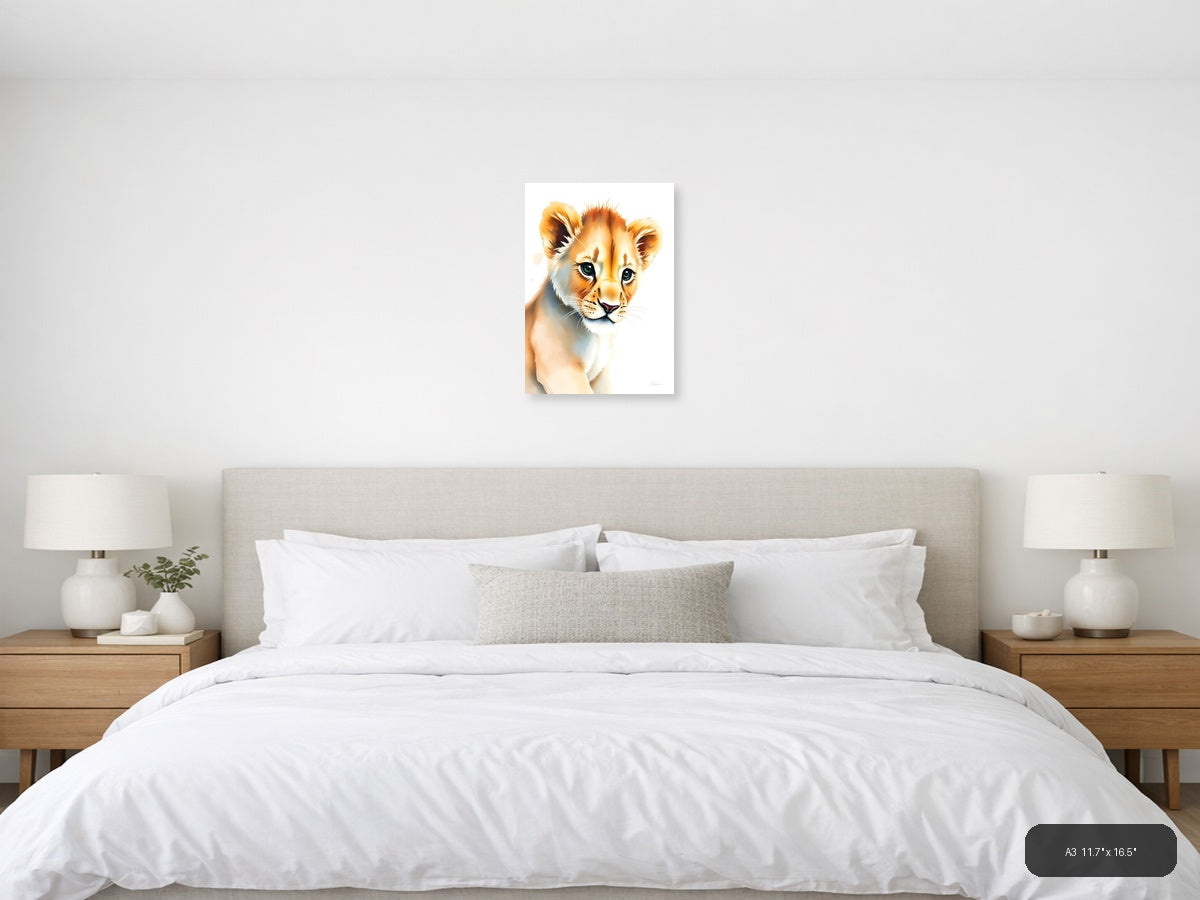 Young Lion Cub Watercolor Portrait Wall Art — A3 / Bedroom