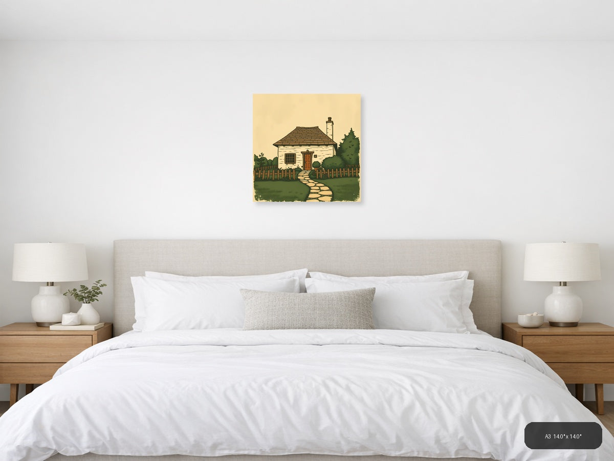 Vintage Cottage with Chimney & Garden Fence Wall Art — A3 / Bedroom
