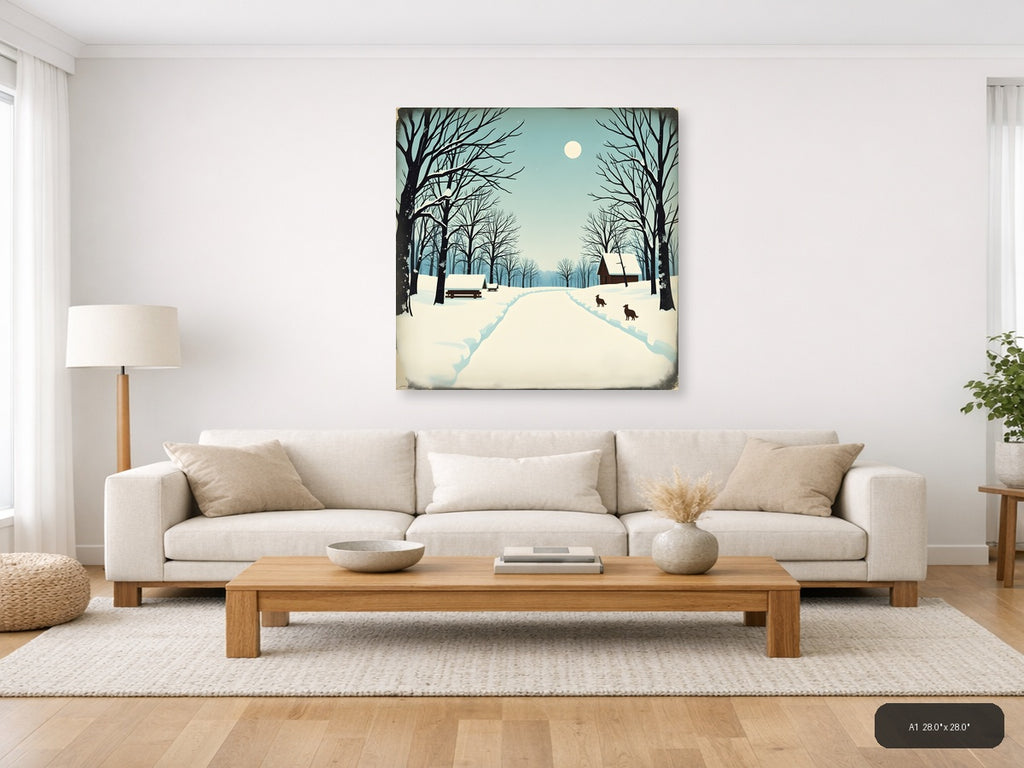 Vintage Winter Landscape with Cabin and Moon Wall Art — A1 / Living Room
