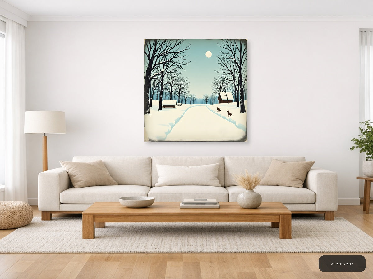 Vintage Winter Landscape with Cabin and Moon Wall Art — A1 / Living Room