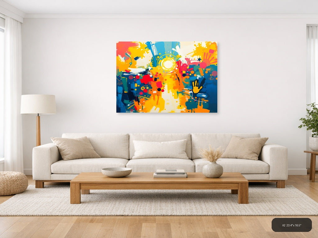 Vibrant Abstract Splatter Art with Yellow Circles Wall Art — A2 / Living Room