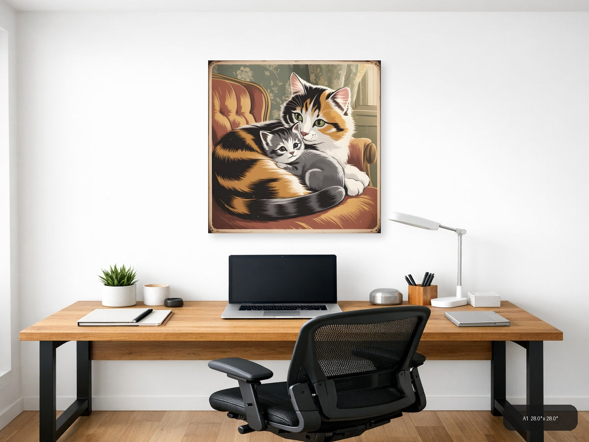Calico Mother Cat with Kitten Vintage Wall Art — A1 / Office