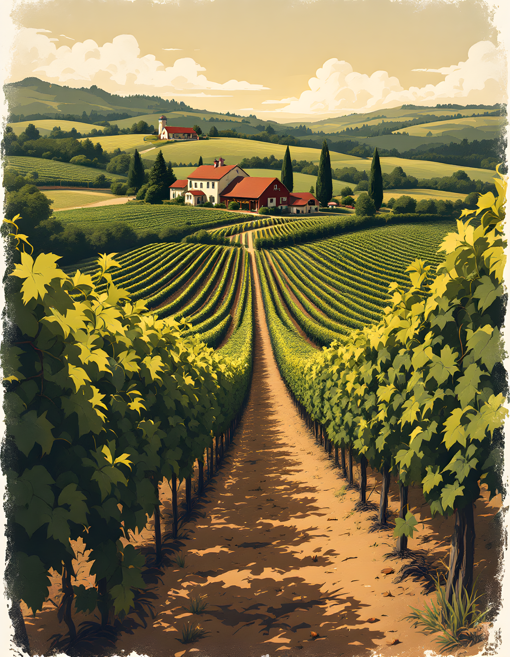 Vintage Vineyard Landscape with Farmhouse Wall Art