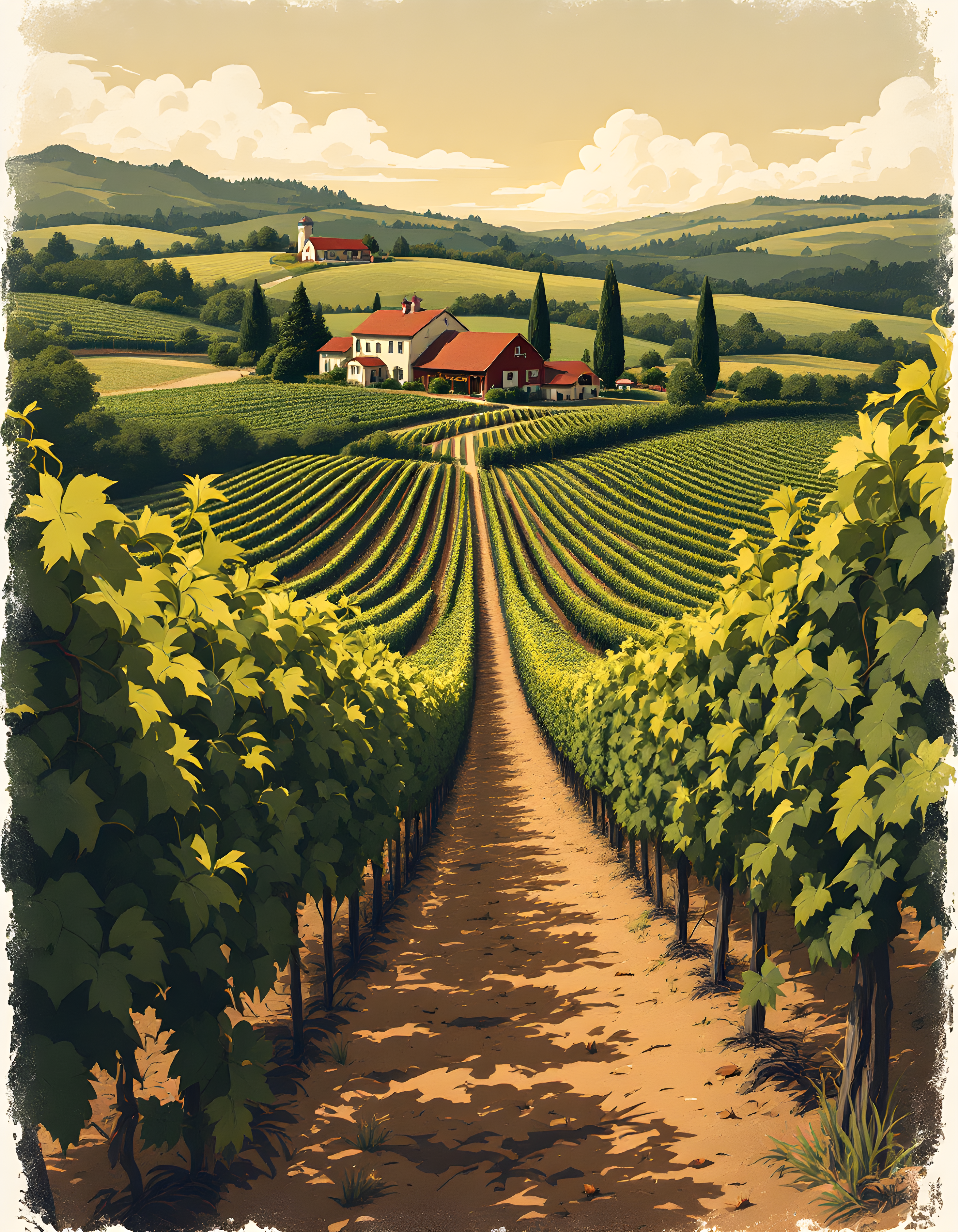 Vintage Vineyard Landscape with Farmhouse Wall Art