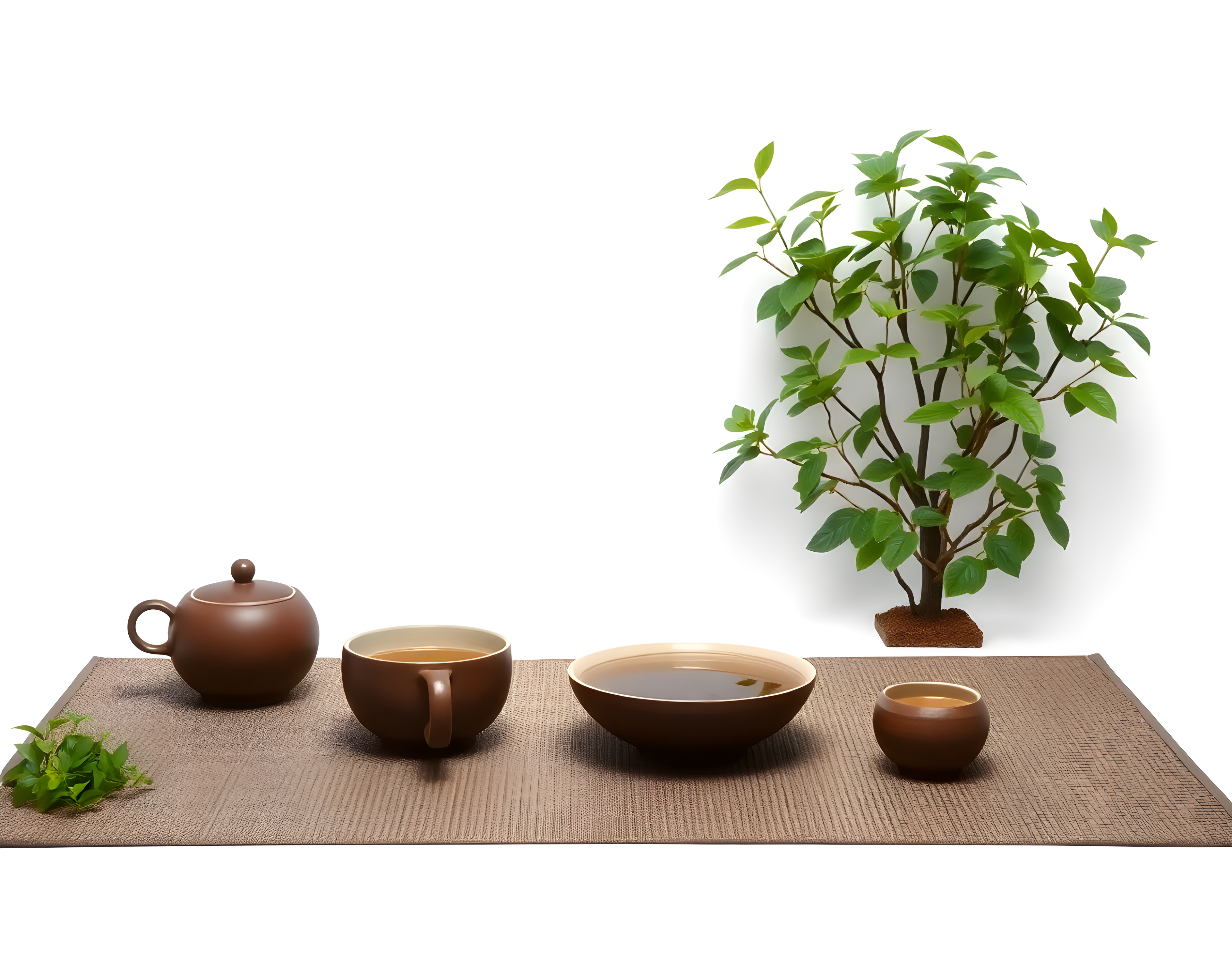 Minimalist Tea Ceremony Setup with Green Plant Wall Art