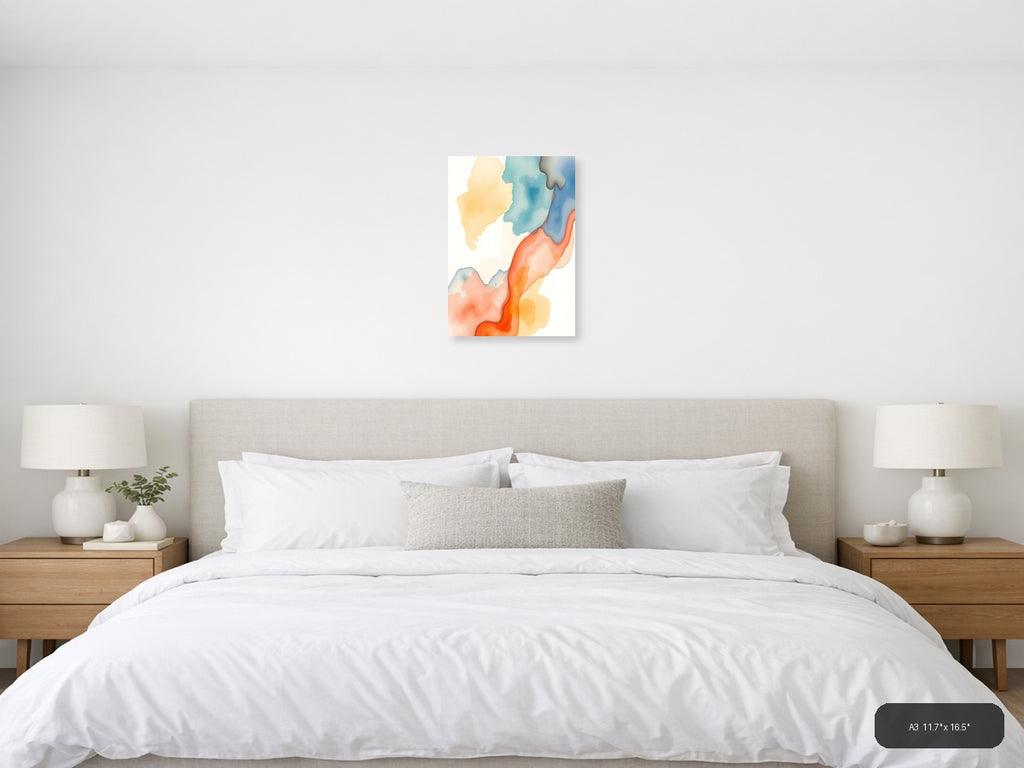 Abstract Watercolor Landscape with Warm Orange & Cool Blue Wall Art — A3 / Bedroom