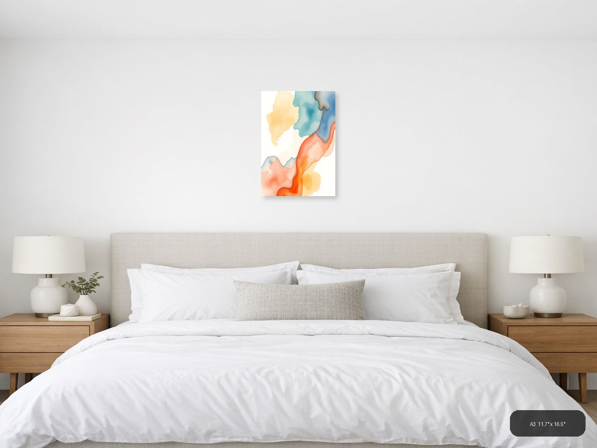 Abstract Watercolor Landscape with Warm Orange & Cool Blue Wall Art — A3 / Bedroom