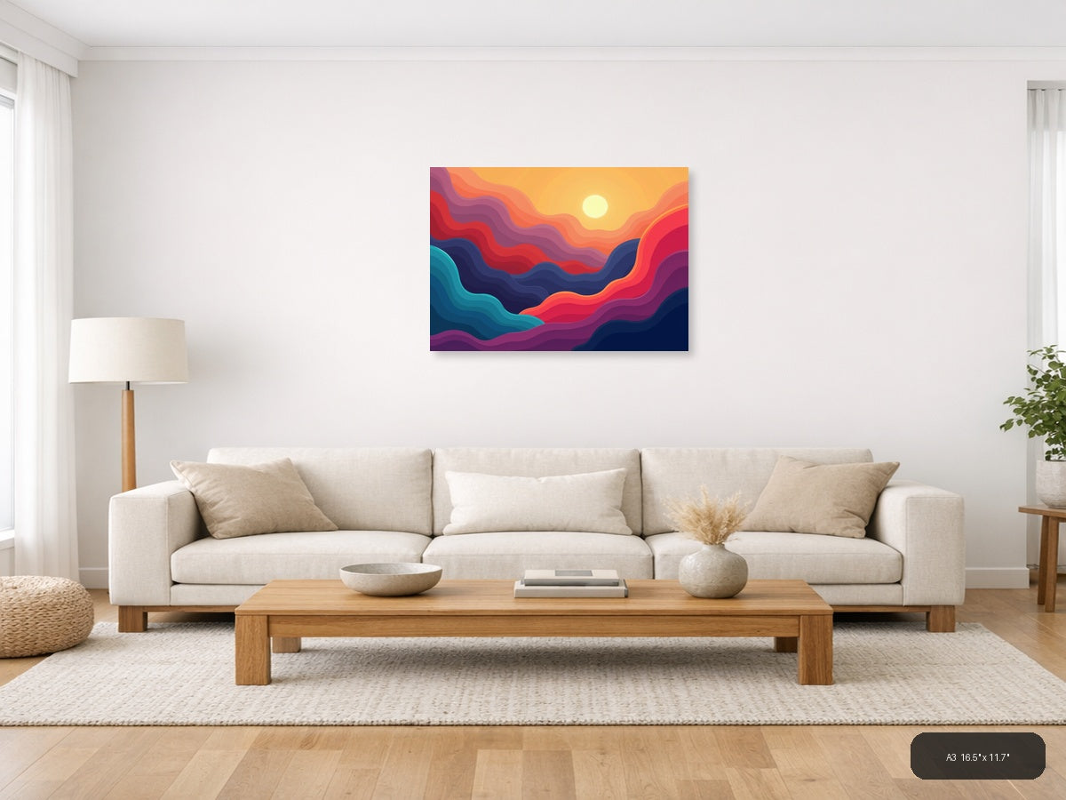 Colorful Abstract Sunset Waves Landscape Wall Art — A3 / Living Room