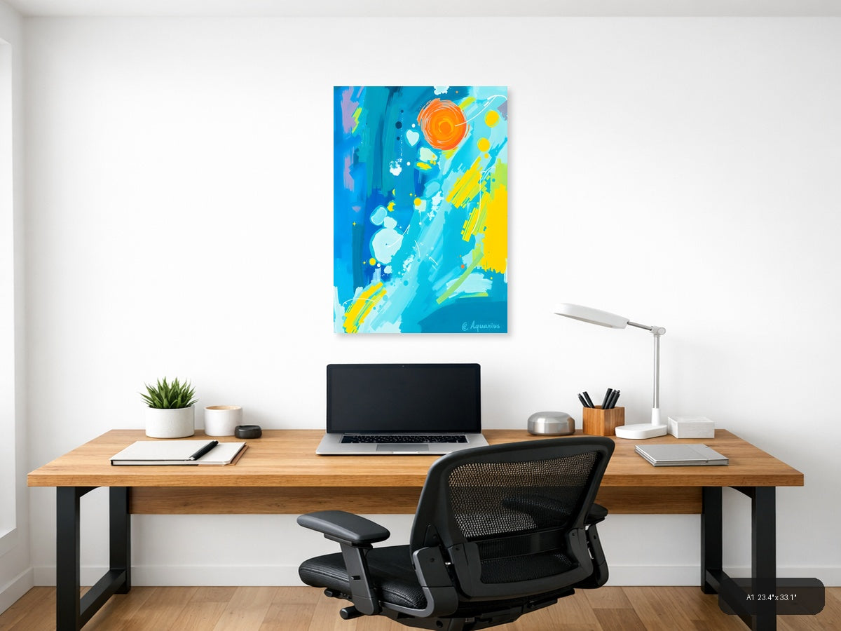 Abstract Blue Sky with Orange Sun & Planets Wall Art — A1 / Office