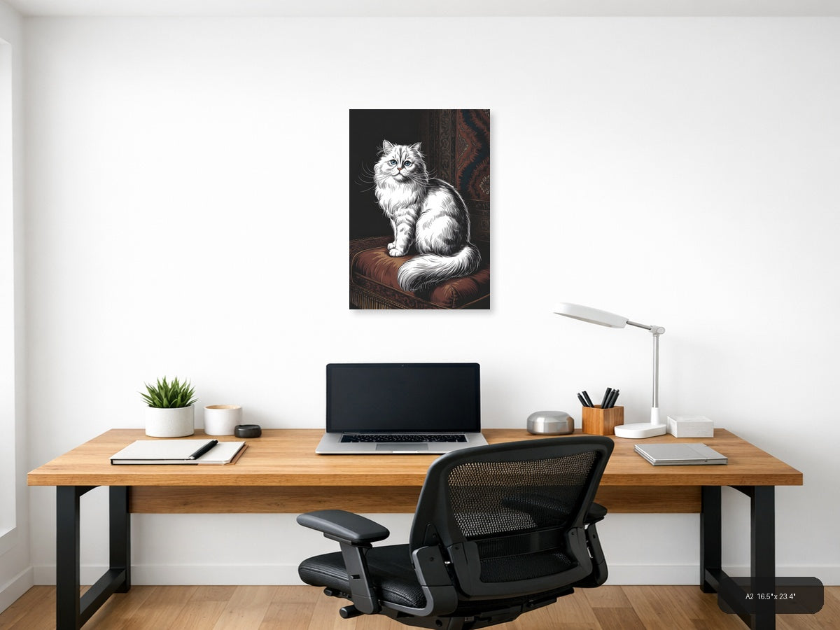 Fluffy White Cat Line Art Portrait Wall Art — A2 / Office