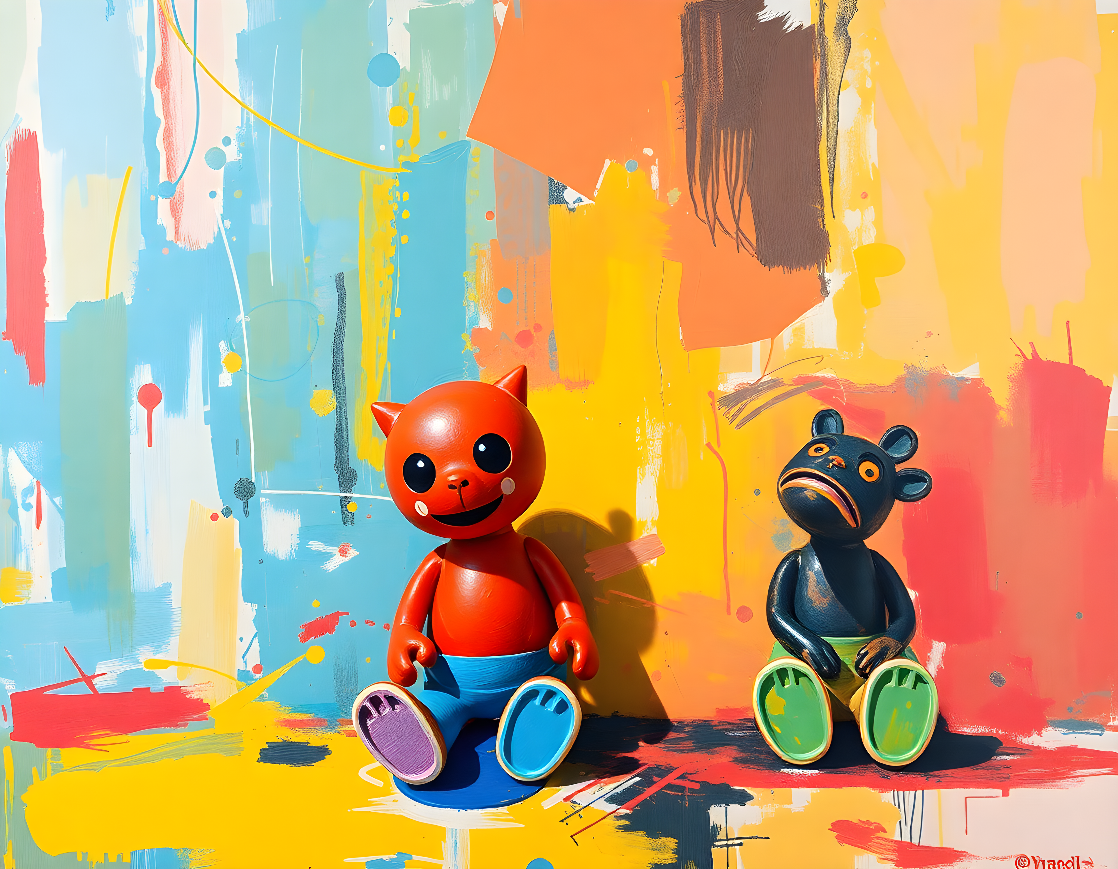Colorful Cat & Bear Abstract Canvas Wall Art