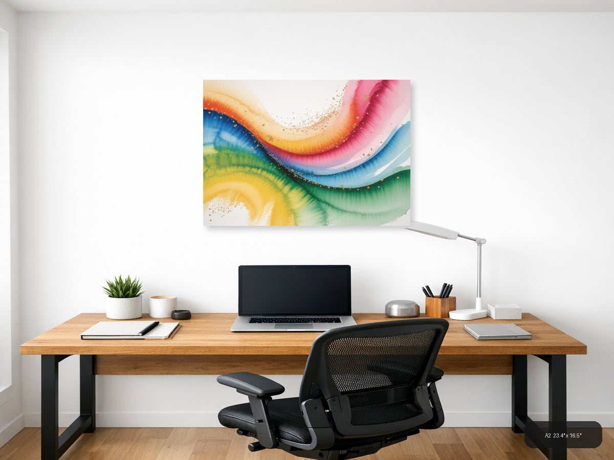 Rainbow Watercolor Flow Gold Splatter Wall Art — A2 / Office