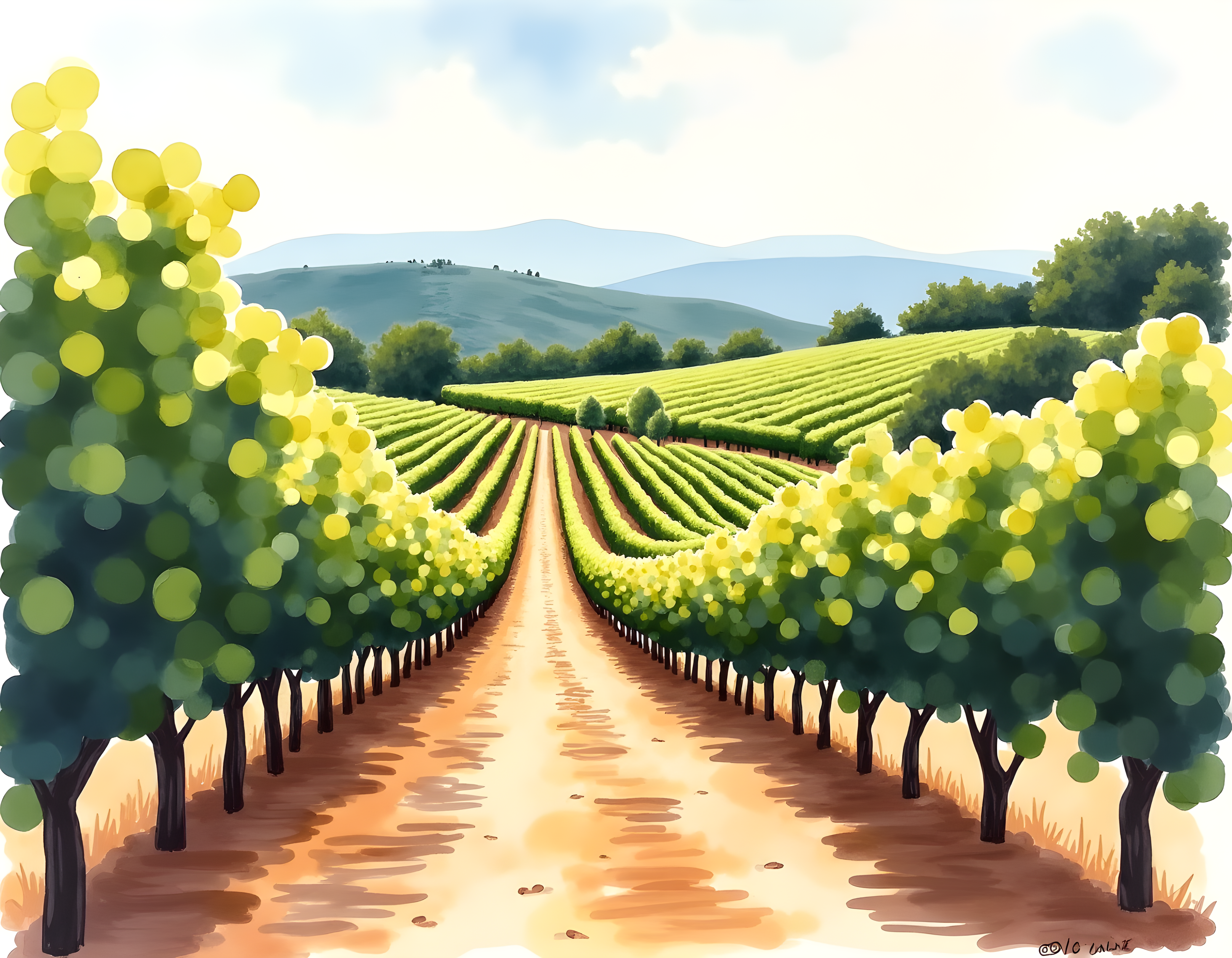Vineyard Path Watercolor Landscape Wall Art