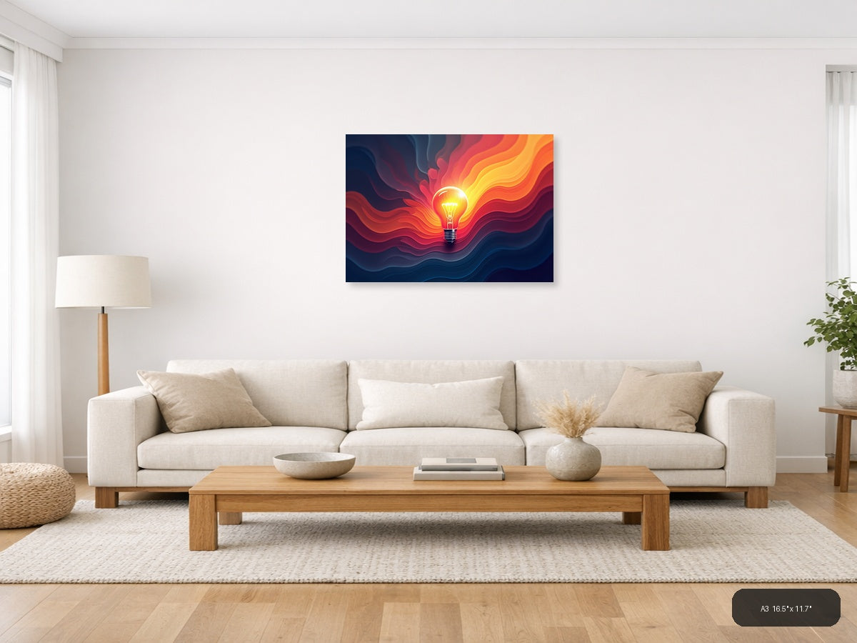 Glowing Lightbulb with Fiery Waves Abstract Art Wall Art — A3 (Living Room)