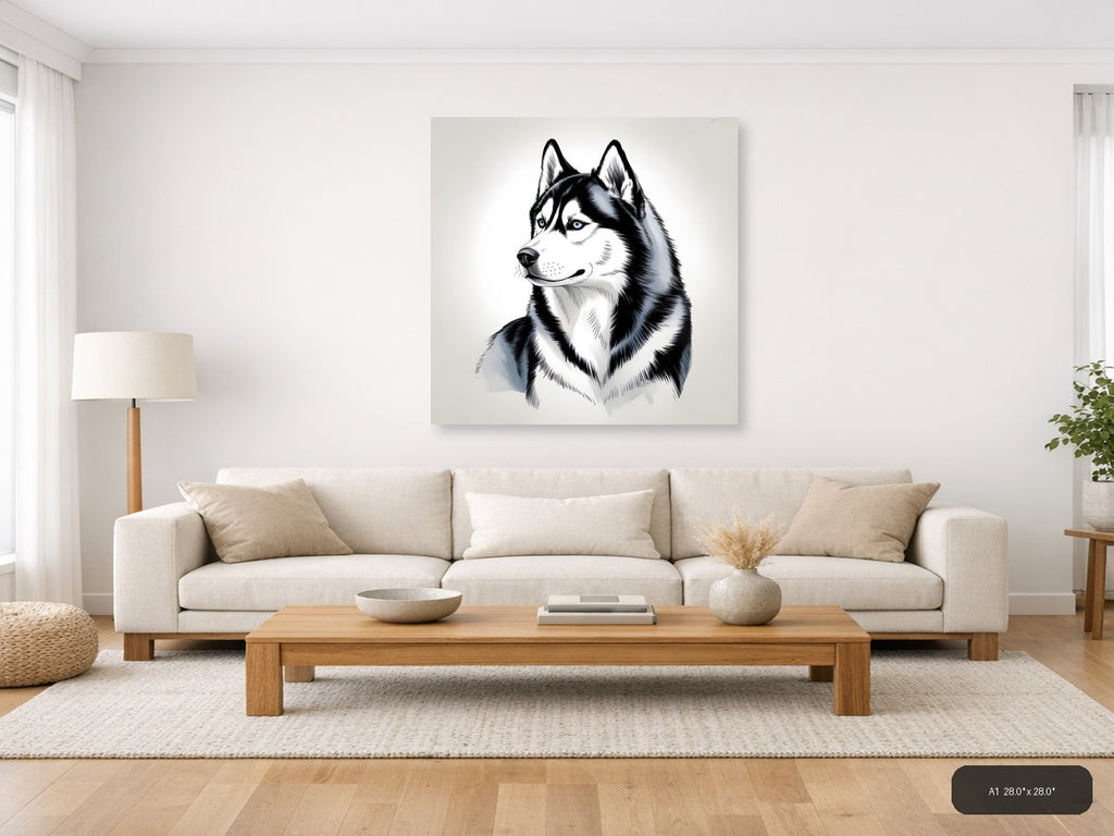 Husky Dog Portrait Line Art Black and White Wall Art — A1 / Living Room