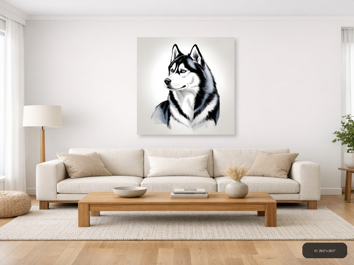 Husky Dog Portrait Line Art Black and White Wall Art — A1 / Living Room