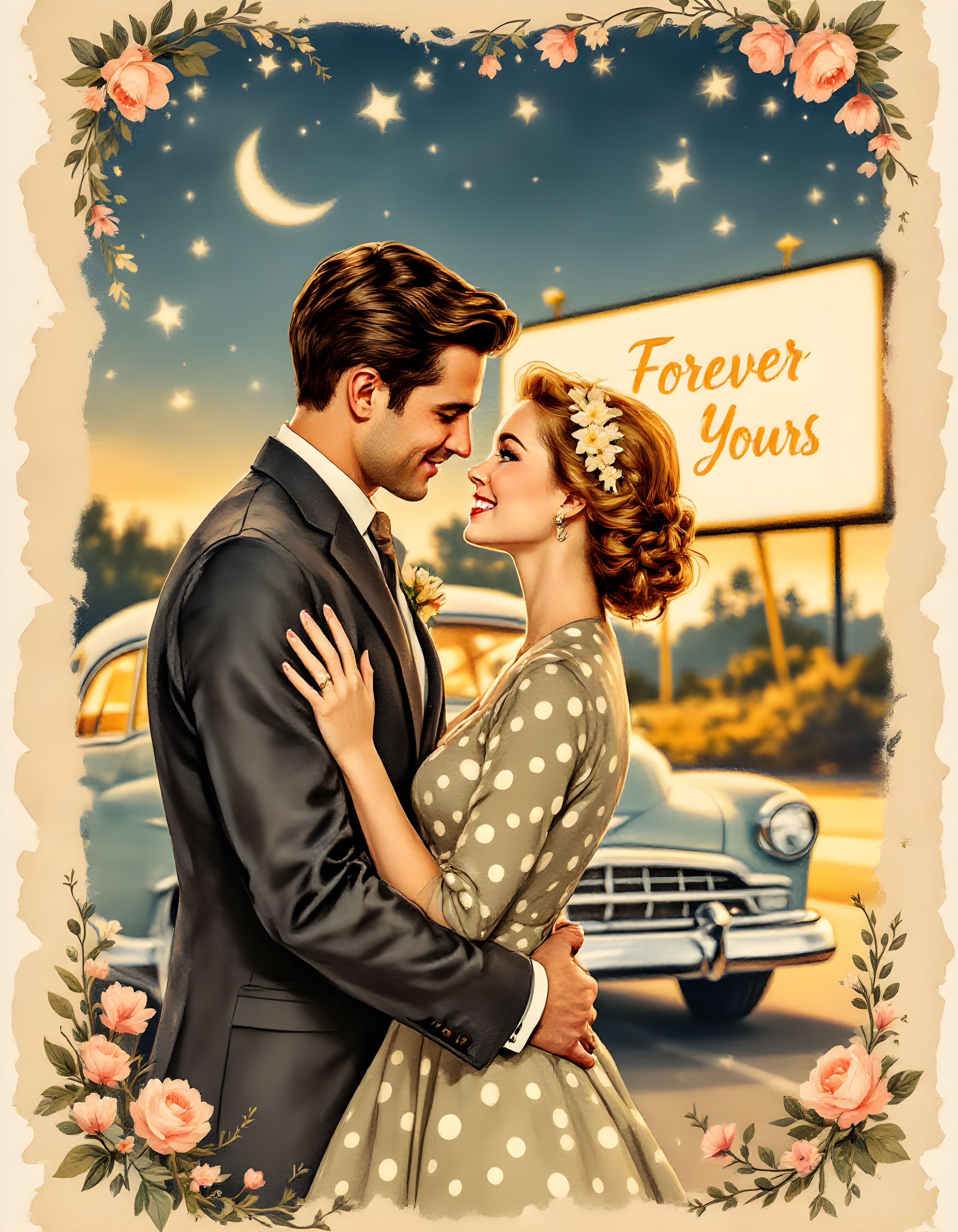Vintage Couple Under Starlight 'Forever Yours' Wall Art