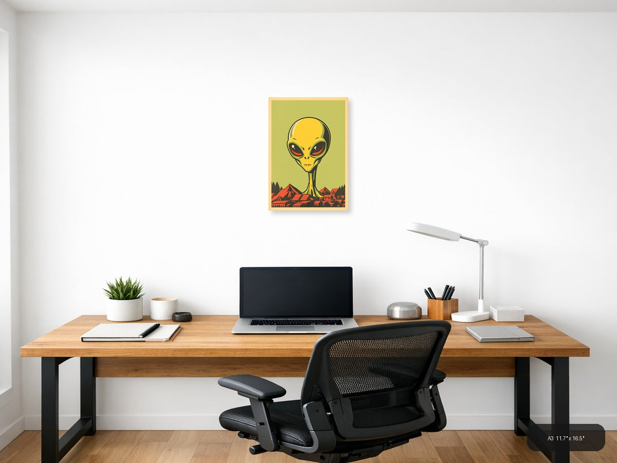 Vintage Alien Invasion Yellow Portrait Wall Art — A3 / Office