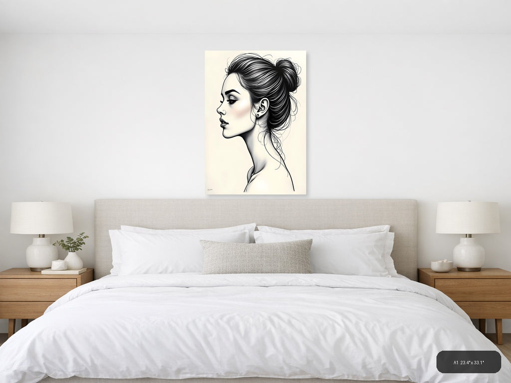 Profile Portrait Line Art Woman with Bun Hairstyle Wall Art — A1 / Bedroom