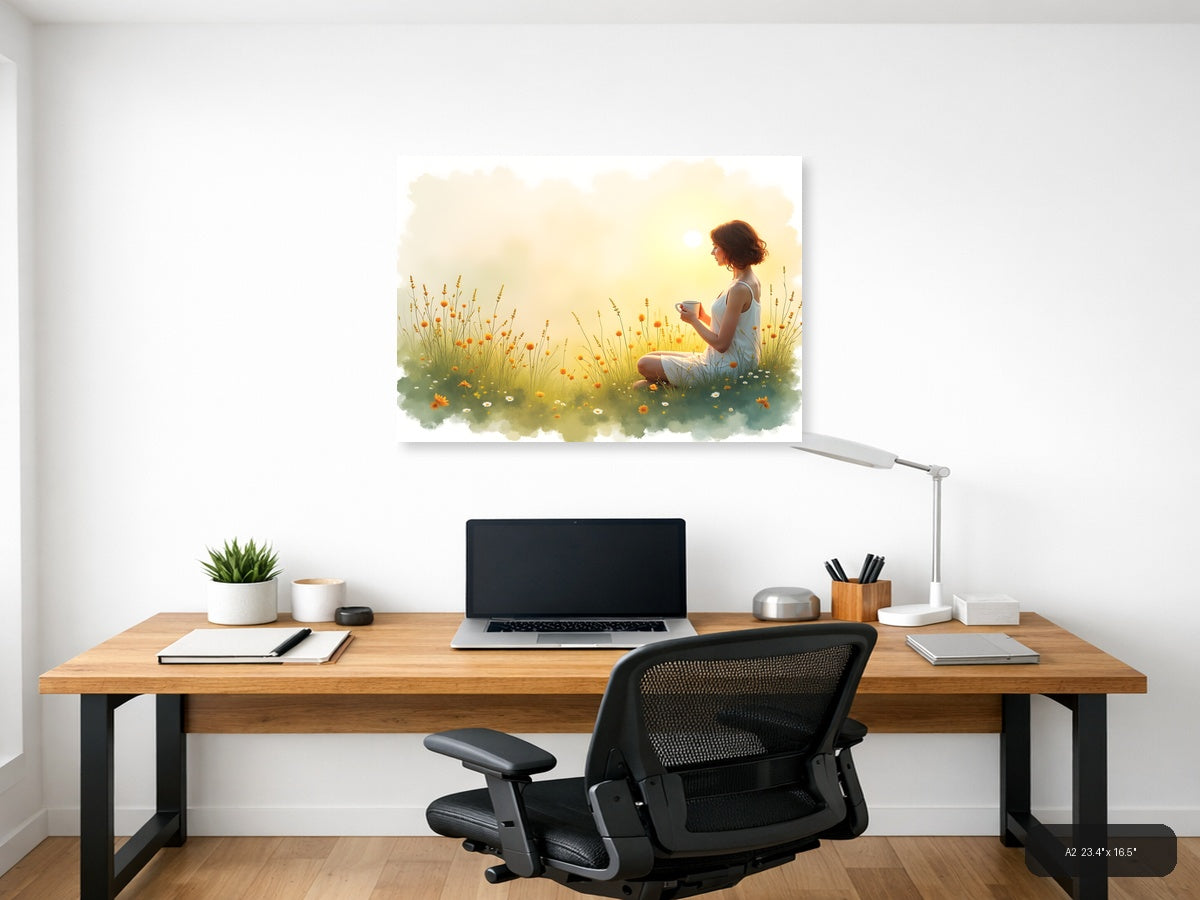 Woman in Wildflower Field at Sunrise Watercolor Wall Art — A2 / Office