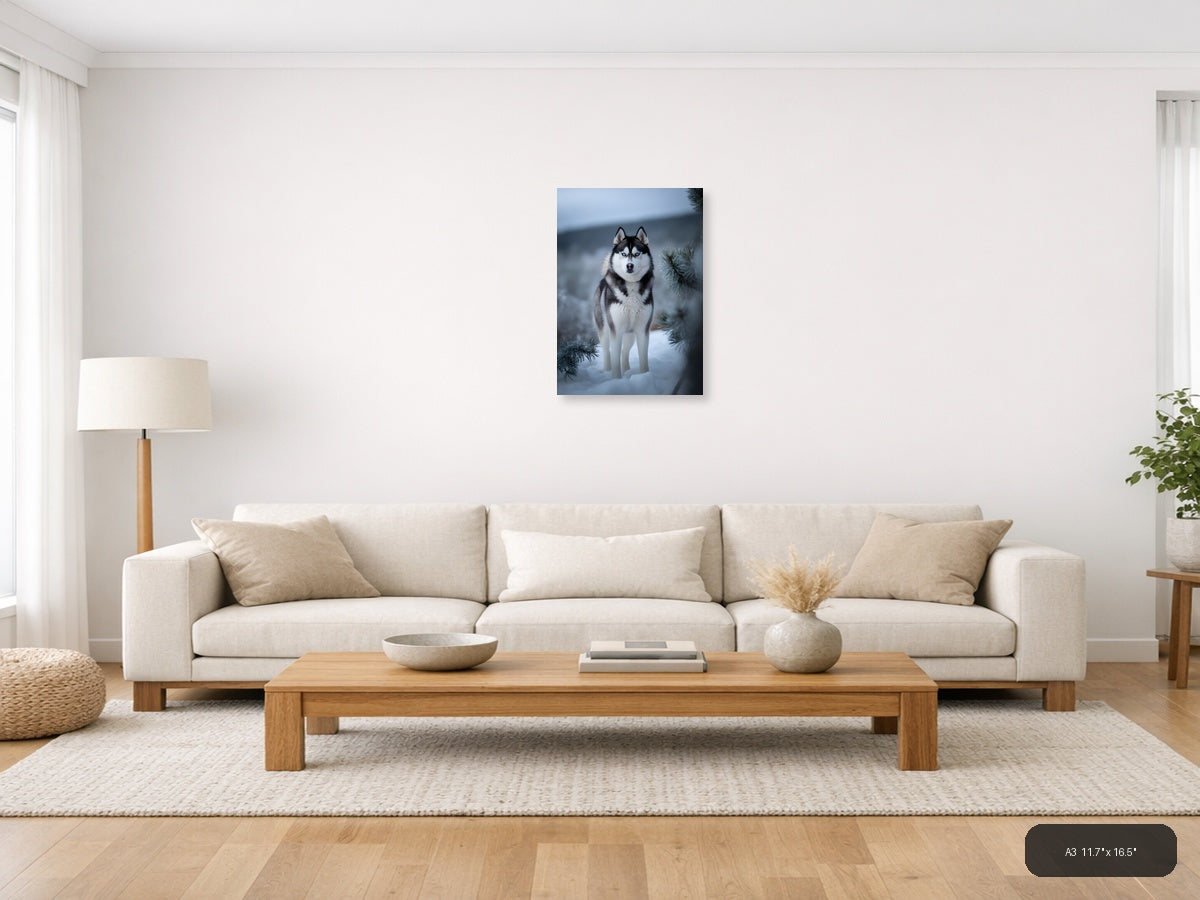 Husky with Blue Eyes in Snowy Winter Forest Photography Wall Art — A3 / Living Room