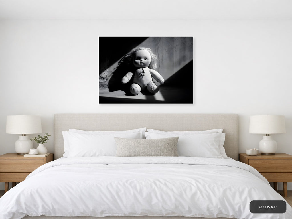 Haunting Doll Portrait Black and White Photography Wall Art — A2 / Bedroom