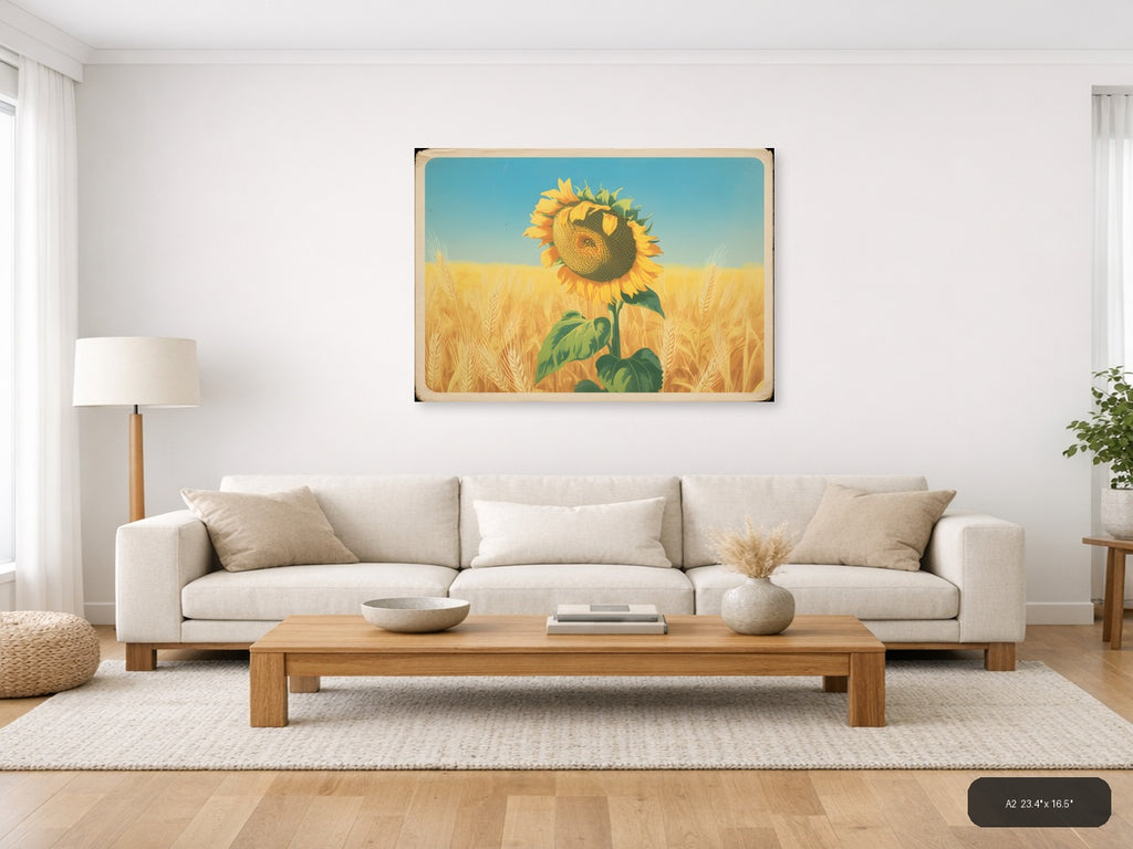 Vintage Sunflower in Wheat Field Landscape Wall Art — A2 / Living Room