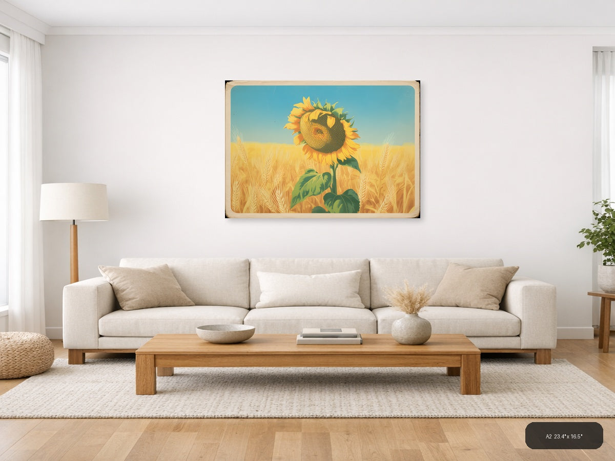 Vintage Sunflower in Wheat Field Landscape Wall Art — A2 / Living Room