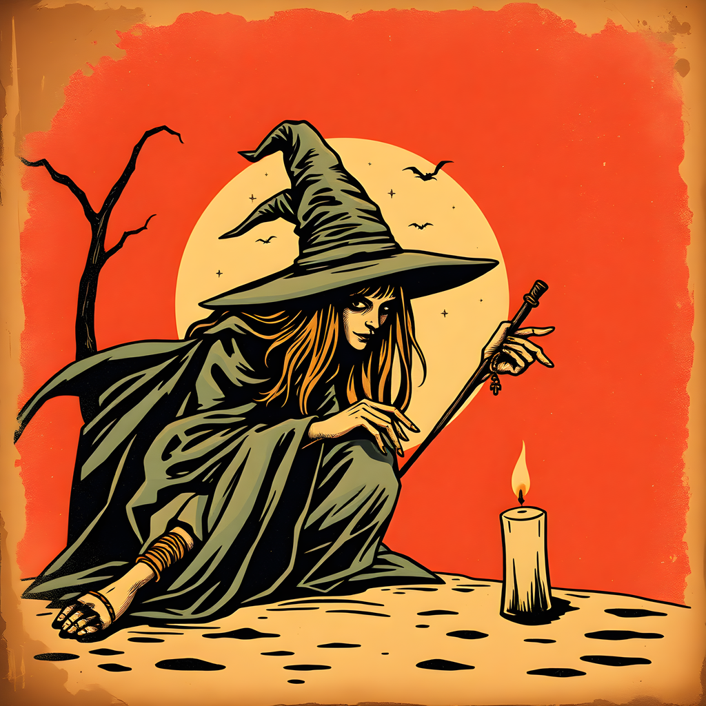 Vintage Witch with Broomstick Moon Wall Art