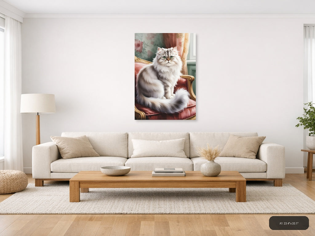 Fluffy White Cat Portrait Watercolor Wall Art — A1 / Living Room