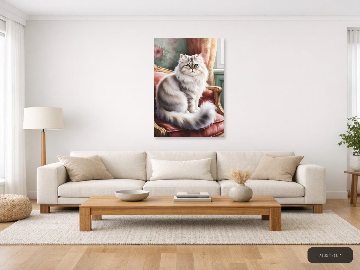 Fluffy White Cat Portrait Watercolor Wall Art — A1 / Living Room