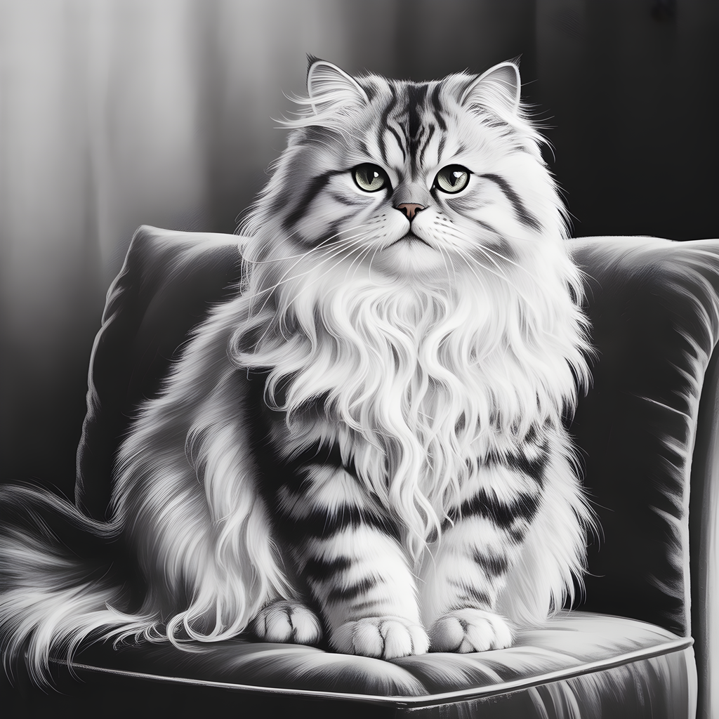 Majestic Fluffy Cat Portrait Black and White Wall Art