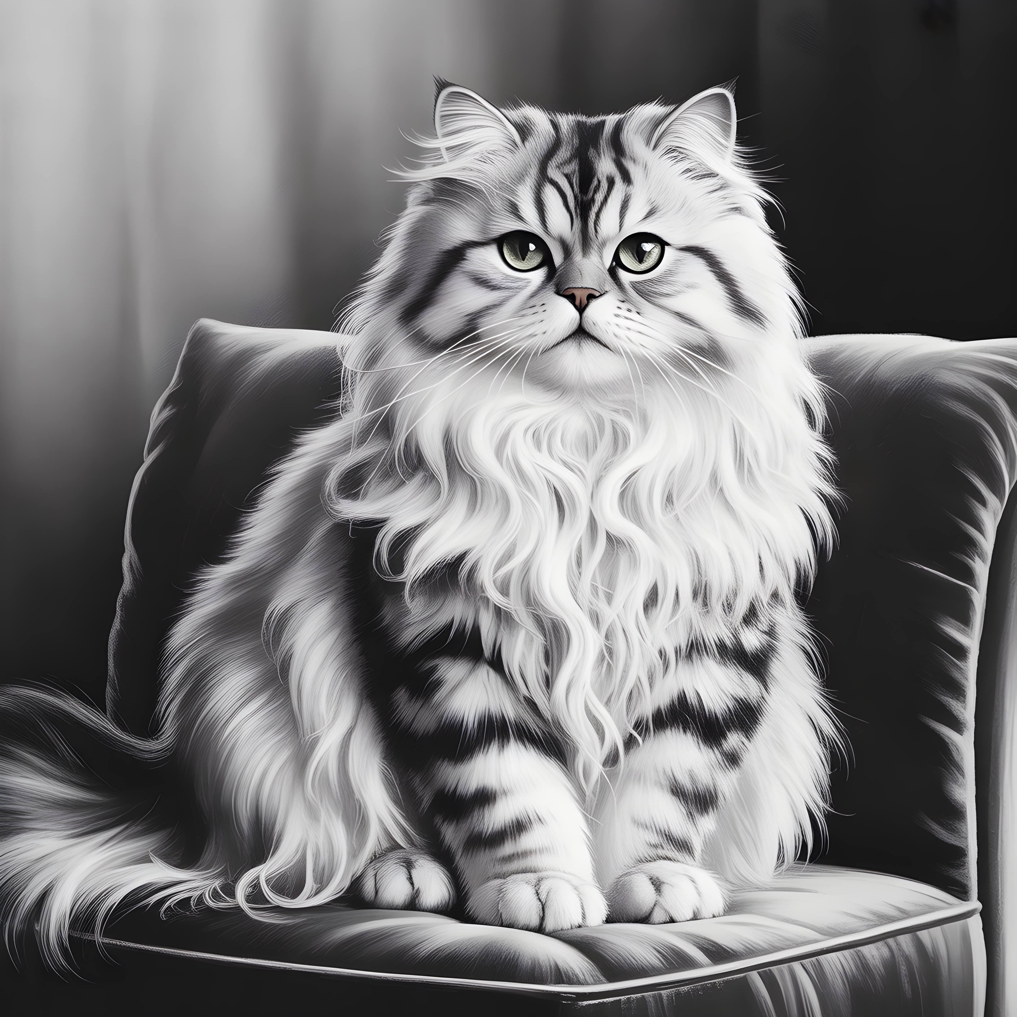 Majestic Fluffy Cat Portrait Black and White Wall Art