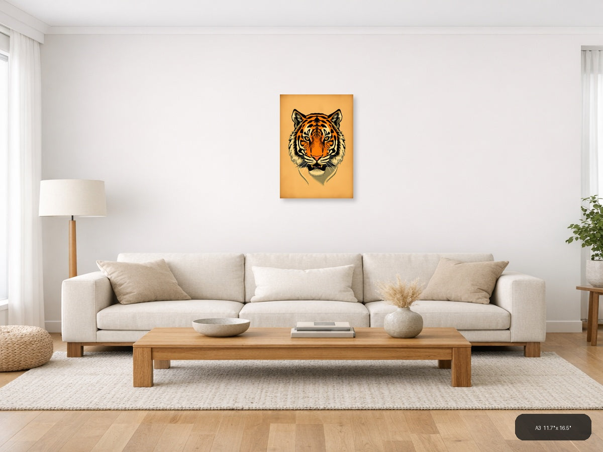 Vintage Tiger Head Portrait Orange Wall Art — A3 / Living Room