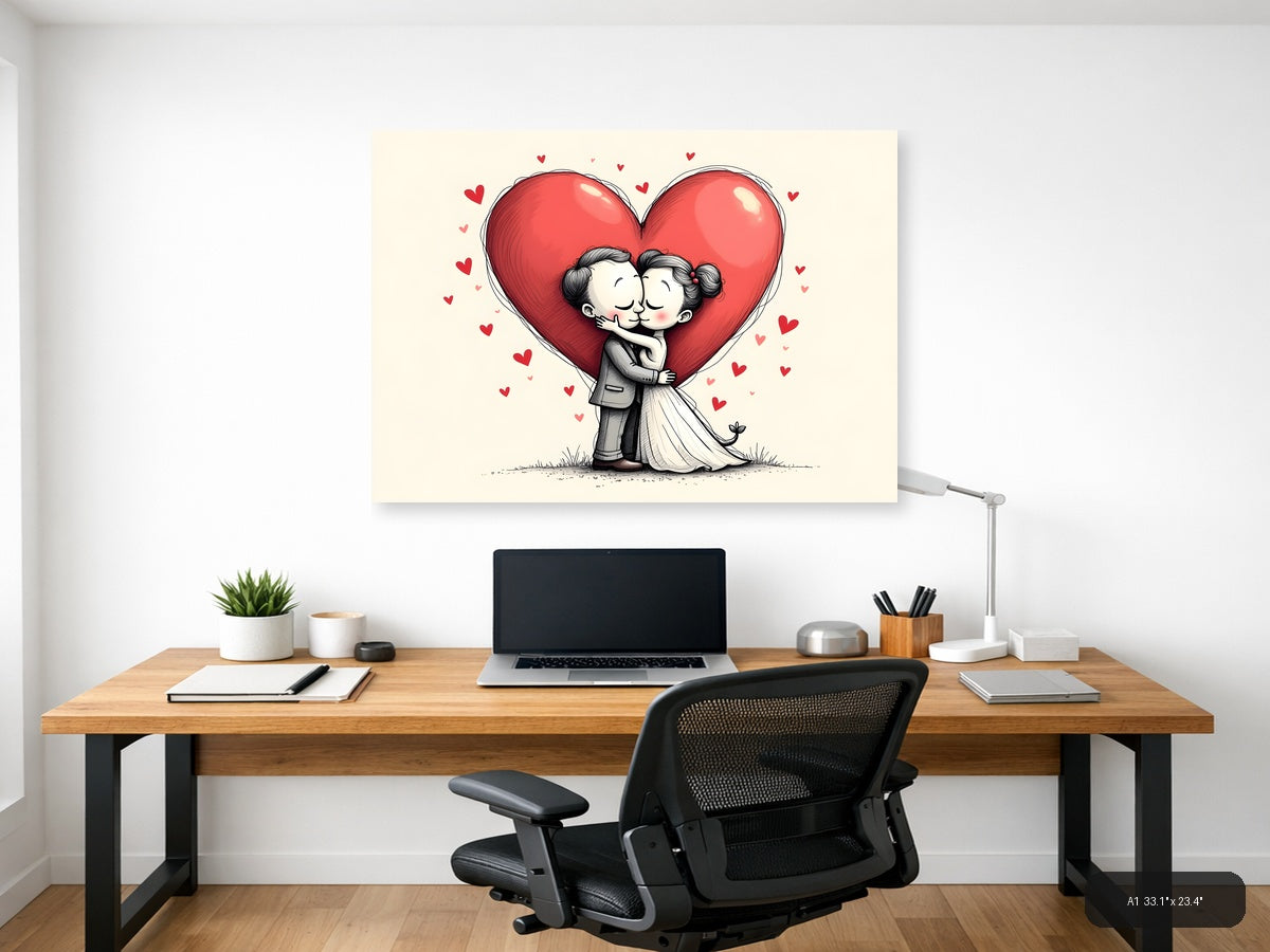 Couple Kissing Heart Line Art Wall Art — A1 / Office
