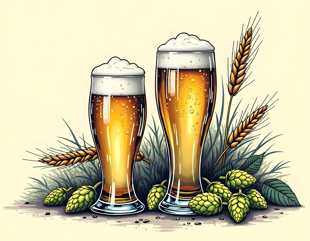 Beer Glasses with Hops and Wheat Line Art Wall Art